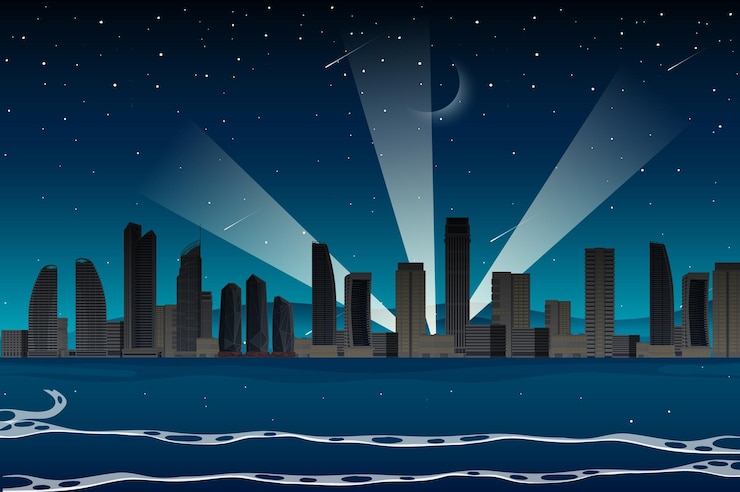 Vetor cidade de praia na cena noturna