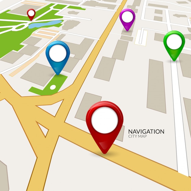 cidade do mapa gps. Navegação nas ruas. PIN GPS no mapa. Ilustração da direção da rota. Cartografia da cidade