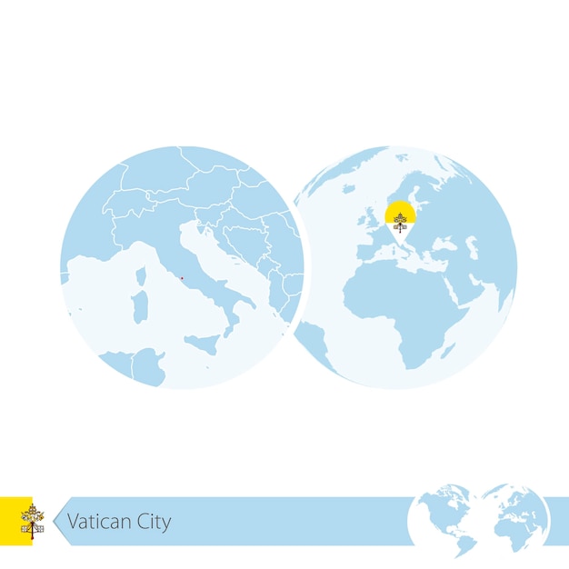 Cidade do vaticano no globo do mundo com bandeira e mapa regional da cidade do vaticano. ilustração vetorial.