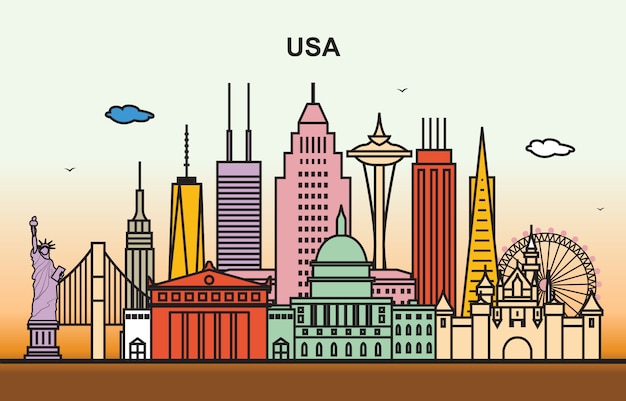 Cidade, em, estados unidos américa, cityscape, skyline, ilustração