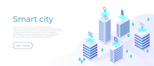 Cidade inteligente ou conceito de vetor isométrico de construção inteligente sistema de gestão ou fundo bas sm