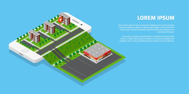 Cidade isométrica com estradas e edifícios no telefone inteligente. mapa no aplicativo móvel. ilustração em vetor 3d. conceito de navegação móvel.