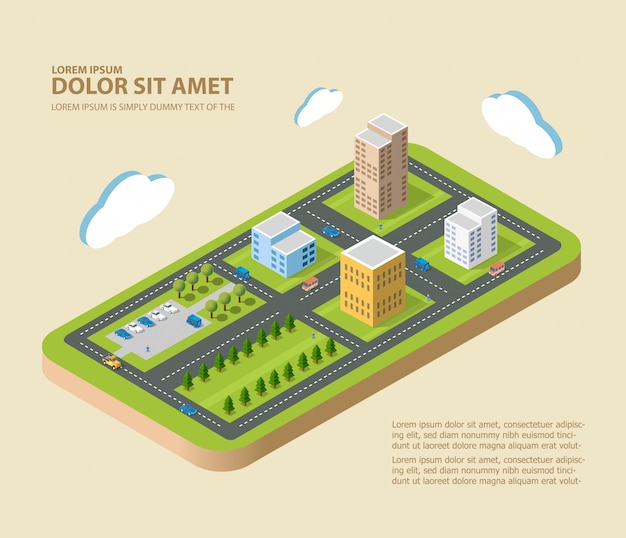 Cidade isométrica plana. bairros urbanos, arranha-céus, casas e ruas