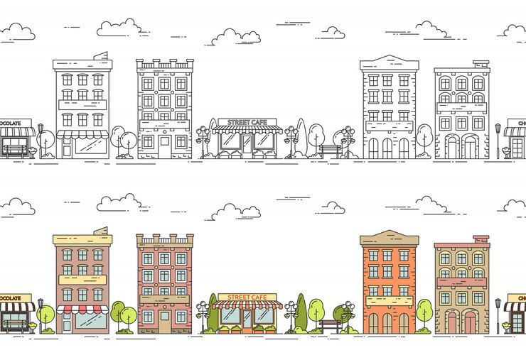 Vetor cidade linha vector ilustração sem costura padrão definido com apartamento de vários andares vintage hou