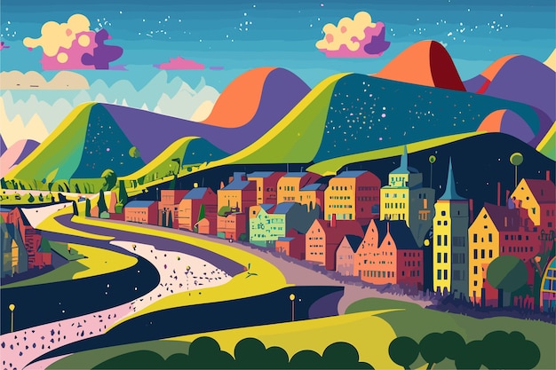 Vetor cidade medieval dos desenhos animados ilustração vetorial em estilo plano fundo de paisagem de casas coloridas