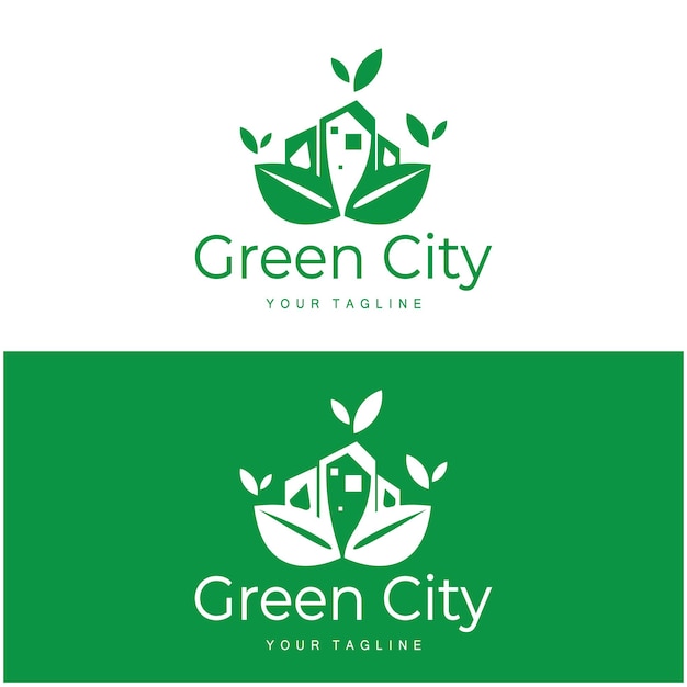 cidade moderna verde e saudável com design de logotipo de folha para imóveis comerciais edifício ecocity arquiteto