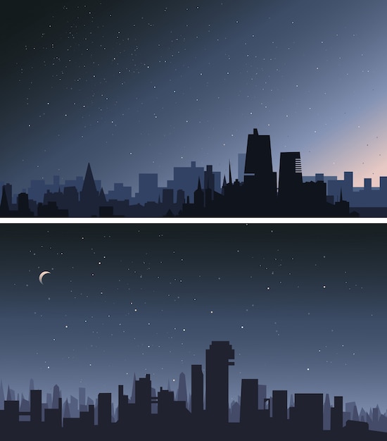 Cidade no meio da noite. Conjunto de belas paisagens urbanas.