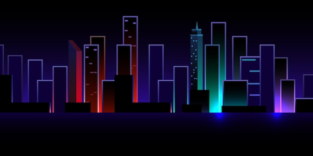 Cidade noturna futurista cityscape em um fundo escuro com luzes de néon brilhantes ilustração de estilo cyberpunk e retro wave