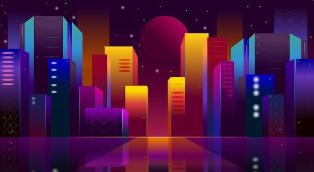 Cidade noturna uma metrópole com um brilho de néon e lua Luzes dos apartamentos da cidade aumentam o brilho da cidade ao entardecer de verão Ilustração vetorial Minimalismo