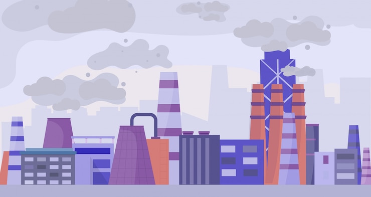 Vetor cidade poluída industrial, ilustração em vetor plana conceito urbano scapes. área e fábrica da fábrica, poluição do meio ambiente.