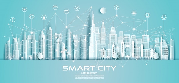 Cidade sem fio de comunicação de rede de tecnologia sem fio e ícone nos emirados árabes unidos e no centro da cidade.