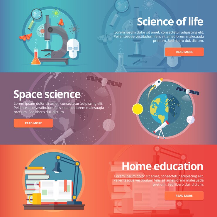 Vetor ciência da vida. biologia. astronomia. estudo do espaço. terra na galáxia. lendo livros. conjunto de bandeiras de educação e ciência. conceito.