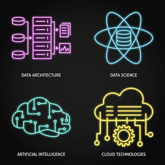 Ciência de dados e conjunto de ícones neon de inteligência artificial