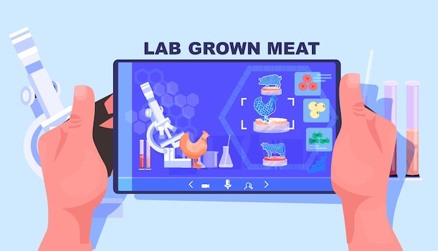 Cientista analisando dna de carne de frango cultivada na tela do tablet pc produção de carne cultivada em laboratório artificial