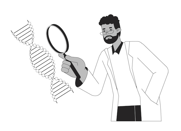 Vetor cientista estuda dna hélice bw conceito vetor spot ilustração biotecnologia e engenharia 2d cartoon linha plana personagem monocromático para web ui design editável imagem de herói de contorno isolado