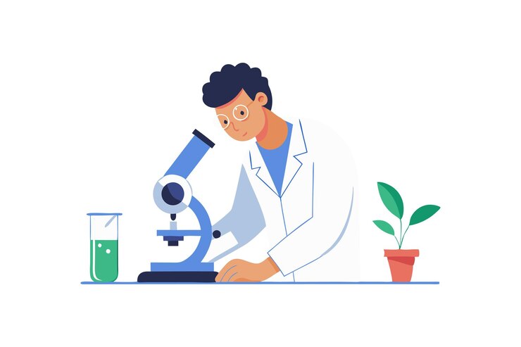 Vetor cientista examinando uma amostra sob um microscópio em um ambiente de laboratório