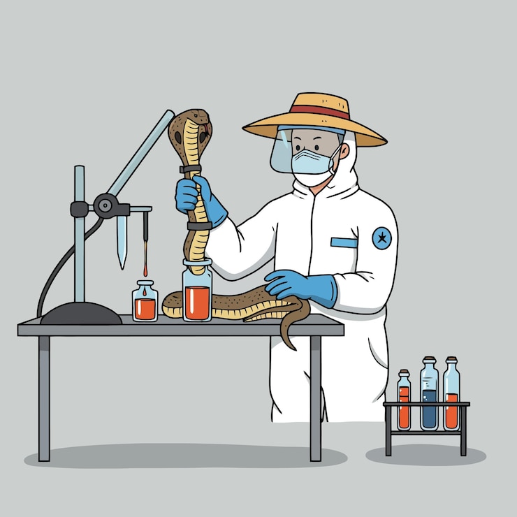 Vetor cientista extraindo veneno de cobra em laboratório