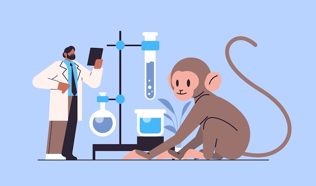 Cientista fazendo experimentos em laboratório veterinário com pesquisa experimental de engenharia genética biológica de macaco