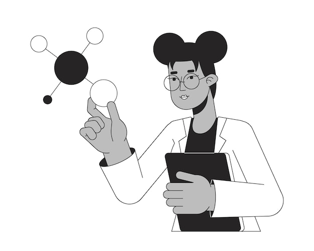 Vetor cientista feminina estudando moléculas bw conceito vetor spot ilustração biologia molecular 2d cartoon linha plana personagem monocromático para web ui design editável imagem de herói de contorno isolado