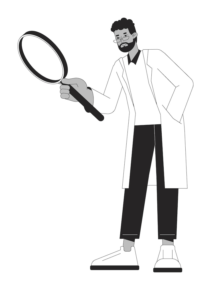 Vetor cientista indiano com lupa linha plana preto branco vetor personagem pesquisa científica editável contorno pessoa de corpo inteiro simples desenho animado ilustração local isolado para design gráfico web