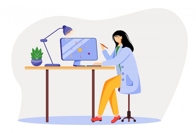 Cientista no local de trabalho ilustração plana. Mulher de jaleco azul. Professor de universidade. Físico, usando o computador para personagem de desenho animado de pesquisa isolada no fundo branco