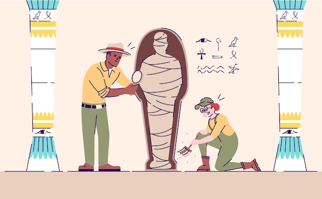 Cientistas explorando a ilustração em vetor plana múmia. Processo de trabalho de escavações arqueológicas. Mistérios de estudos anteriores. Homem e mulher analisando personagens de desenhos animados de artefatos egípcios