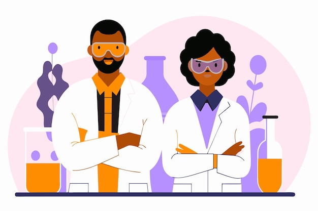Vetor cientistas masculinos e femininos animados de pé em um laboratório
