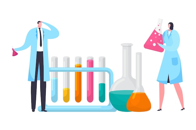 Vetor cientistas masculinos e femininos examinando tubos de ensaio e copos em laboratório química pesquisa experimentos de laboratório ilustração vetorial