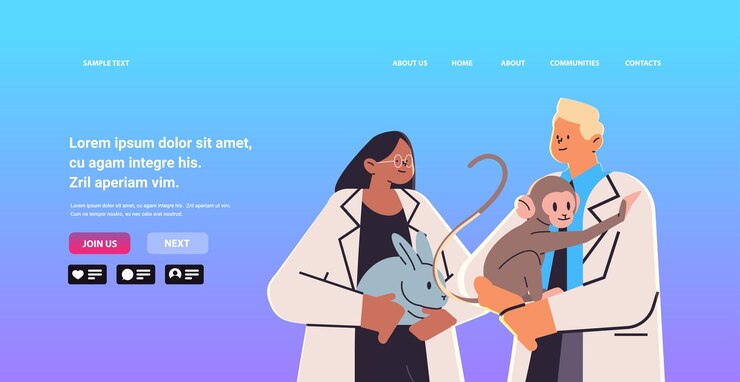 Vetor cientistas ou trabalhadores veterinários fazendo experimentos em laboratório com pesquisa de engenharia genética biológica de animais experimentais