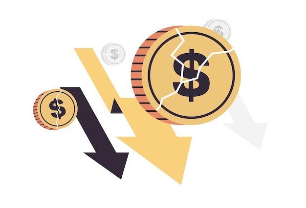 Cifrão caindo e ilustração vetorial plana horizontal de falência crise financeira.