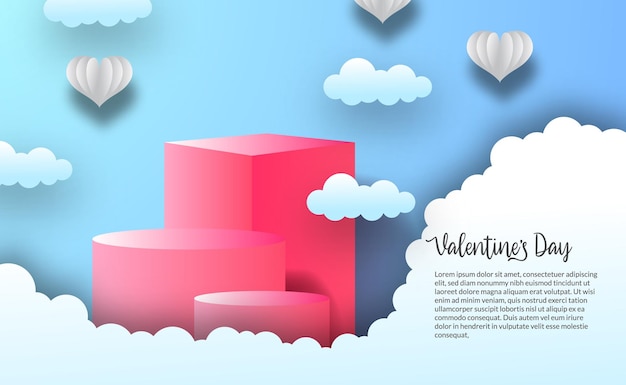 Cilindro de exibição de produto pódio com cenário de nuvem para modelo de dia de saudação do dia dos namorados com fundo de céu azul