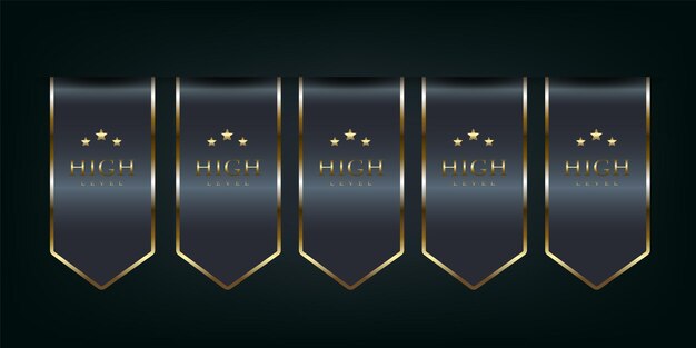 Vetor cinco botões de luxo fitas pretas e douradas ilustração vetorial em fundo escuro isolado