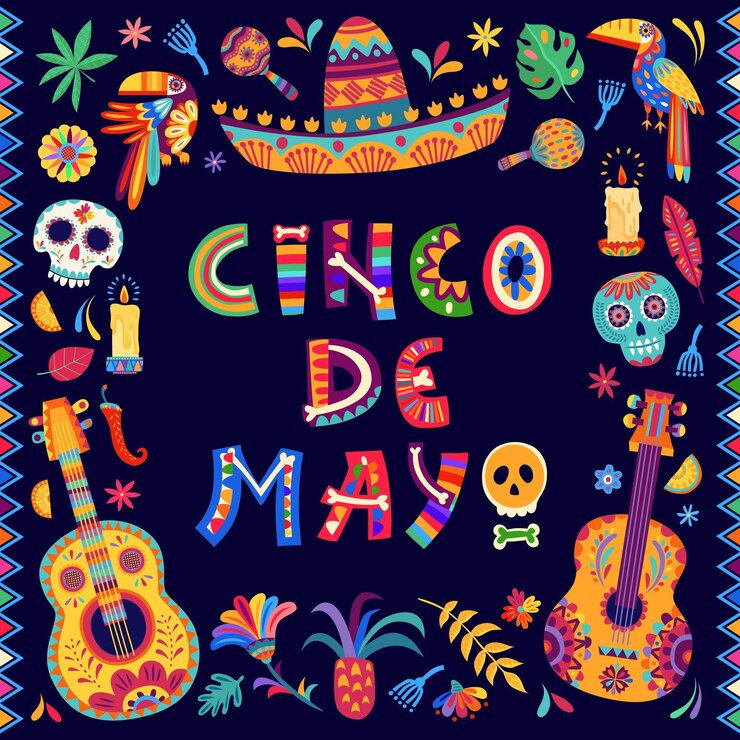Vetor cinco de mayo bandeira de feriado mexicano com calavera
