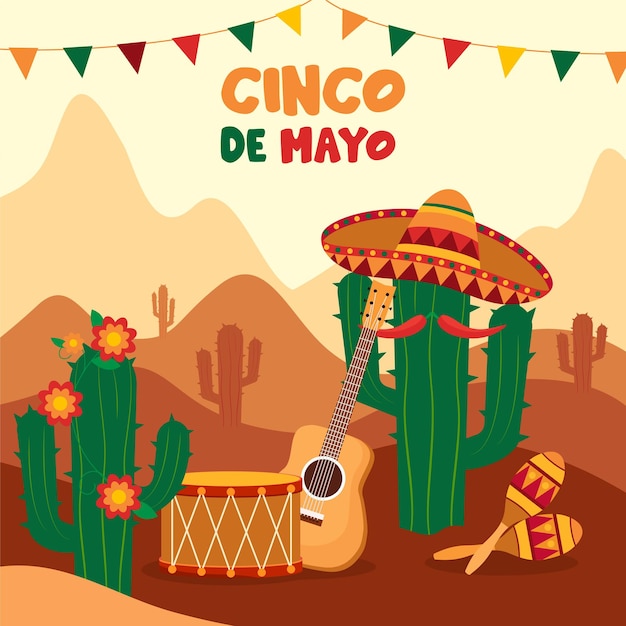 Vetor cinco de mayo em fundo com instrumentos tradicionais