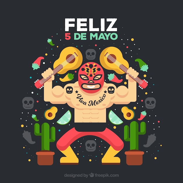 Vetor cinco de mayo fundo com lutador mexicano