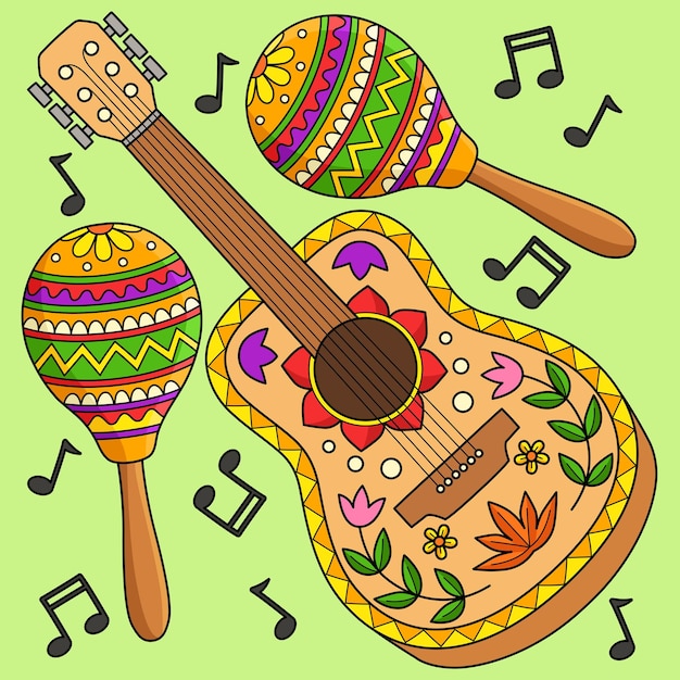 Cinco de mayo guitar e maracas desenho animado colorido