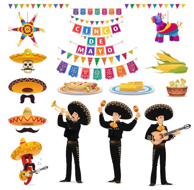 Vetor cinco de mayo músico de comida sombrero e pinata