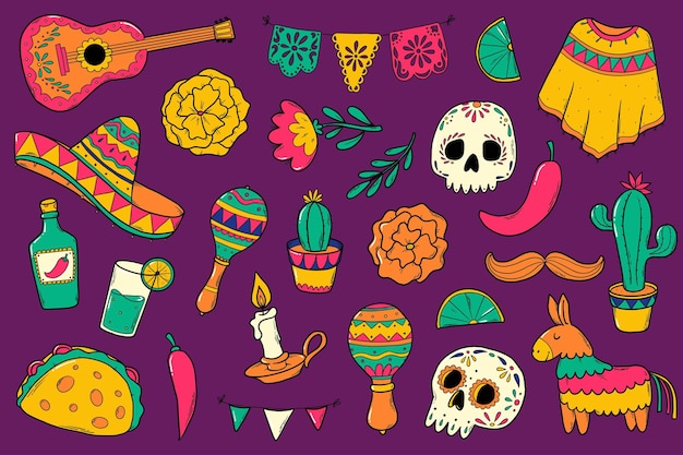 Cinco de mayo rabiscos elementos de desenhos animados adesivos coleção para cartões impressões decoração de roupas