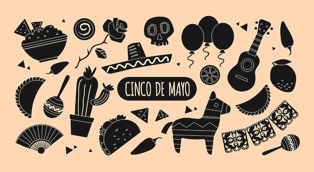 Vetor cinco de mayo tradições mexicanas ícones de silhueta preta e branca conjunto de ilustrações vetoriais