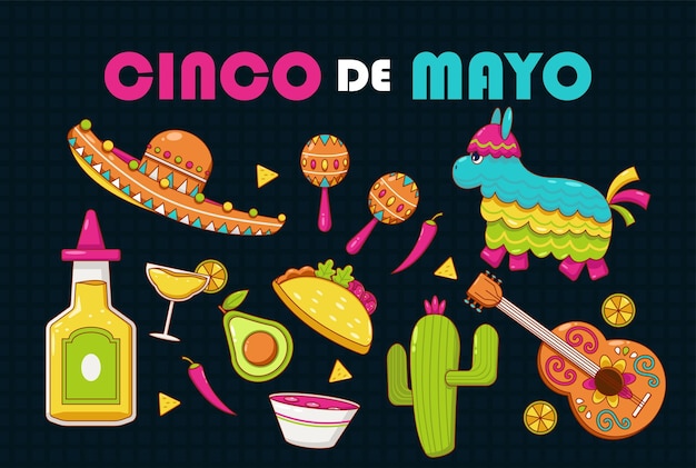 Cinco de Mayo, um feriado federal no pôster do Mexico Fiesta e elementos de design de banner vetorial com chapéu de cacto de guitarra pinata tequila e taco