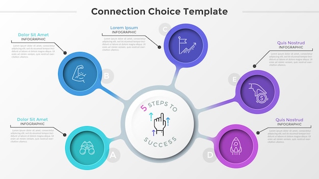 Cinco elementos redondos coloridos com símbolos lineares dentro, conectados ao círculo branco do papel principal. conceito de 5 opções de negócios à sua escolha. modelo de design moderno infográfico. ilustração vetorial.