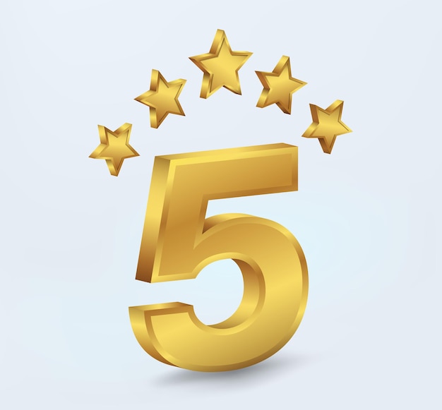 Cinco estrelas douradas com o número 5 isolado no fundo branco