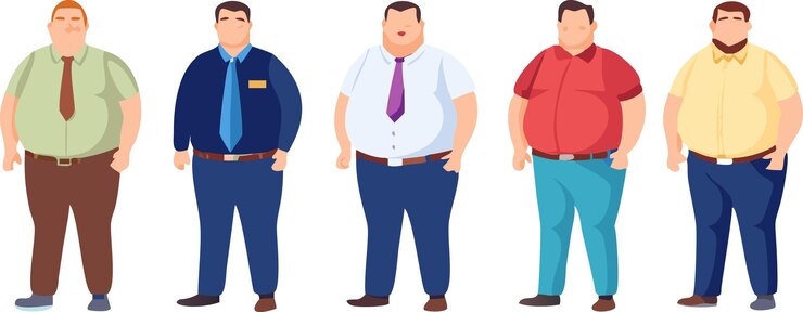 Vetor cinco homens com excesso de peso em trajes diferentes