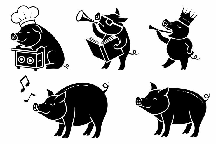 Vetor cinco ilustrações de silhuetas de porcos pretos