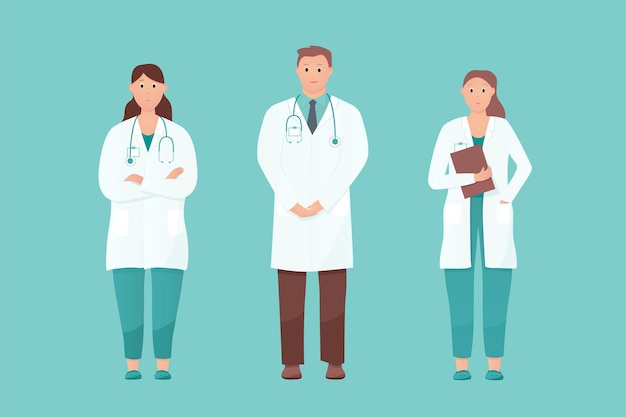 Cinco médicos de pé no fundo isolado