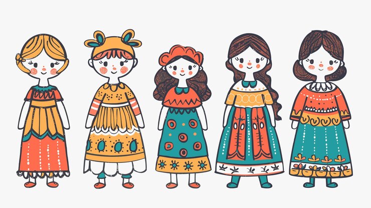 Vetor cinco meninas de desenho animado de pé lado a lado vestidos vestidos folclóricos coloridos padrões decorativos menina tem
