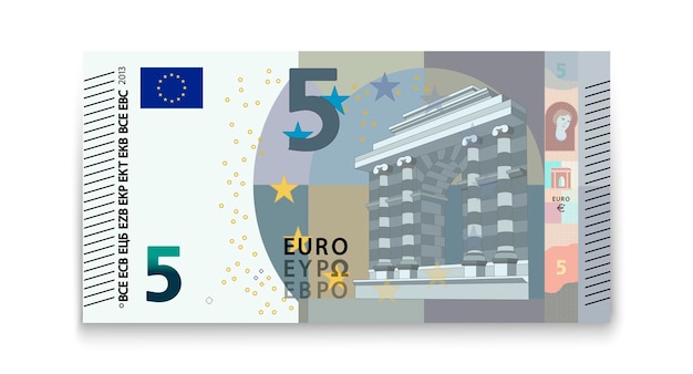 Vetor cinco notas de euro em um fundo branco.