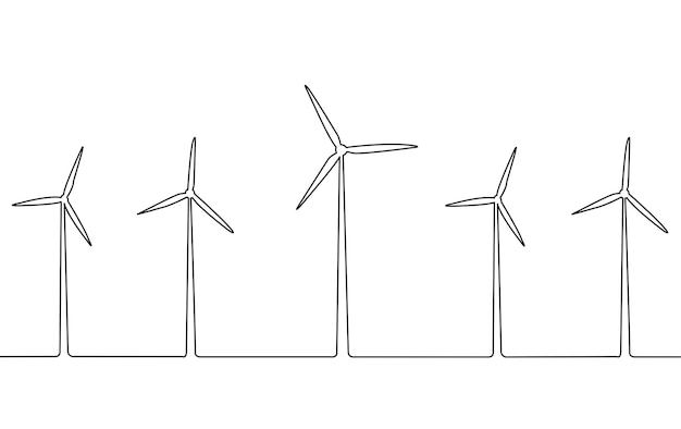 Cinco turbinas eólicas em um fundo branco com espaço de cópia