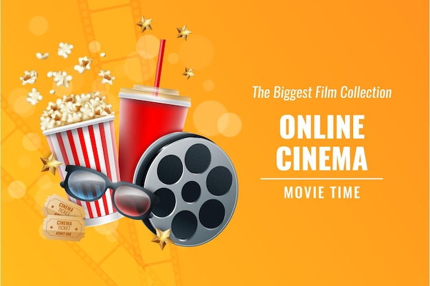Cinema 3D entretenimento teatro on-line bilhetes de cinema pipoca e cola rolo de TV assistindo a estréia de filmes óculos arte cinematográfica Internet vídeo show banner conceito vetor realista