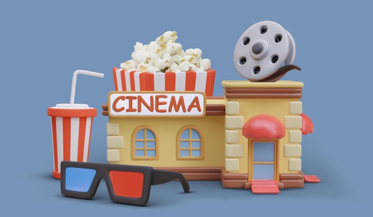 Vetor cinema com filme 3d construção vetorial de pipocas com copos de anaglífico de palha
